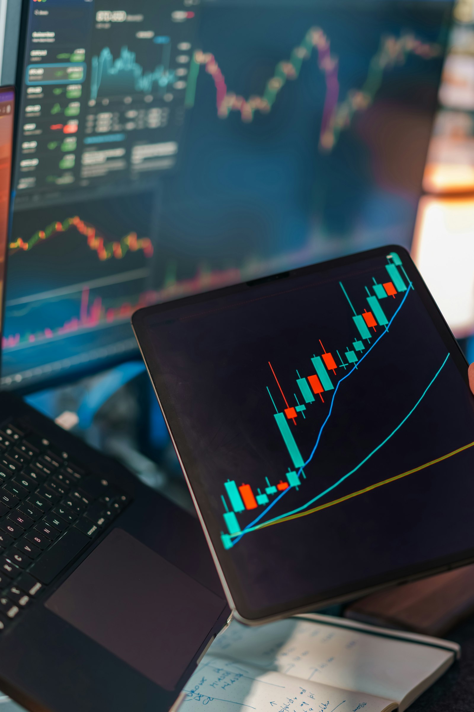 Grafici di trading visualizzati su più schermi e tablet